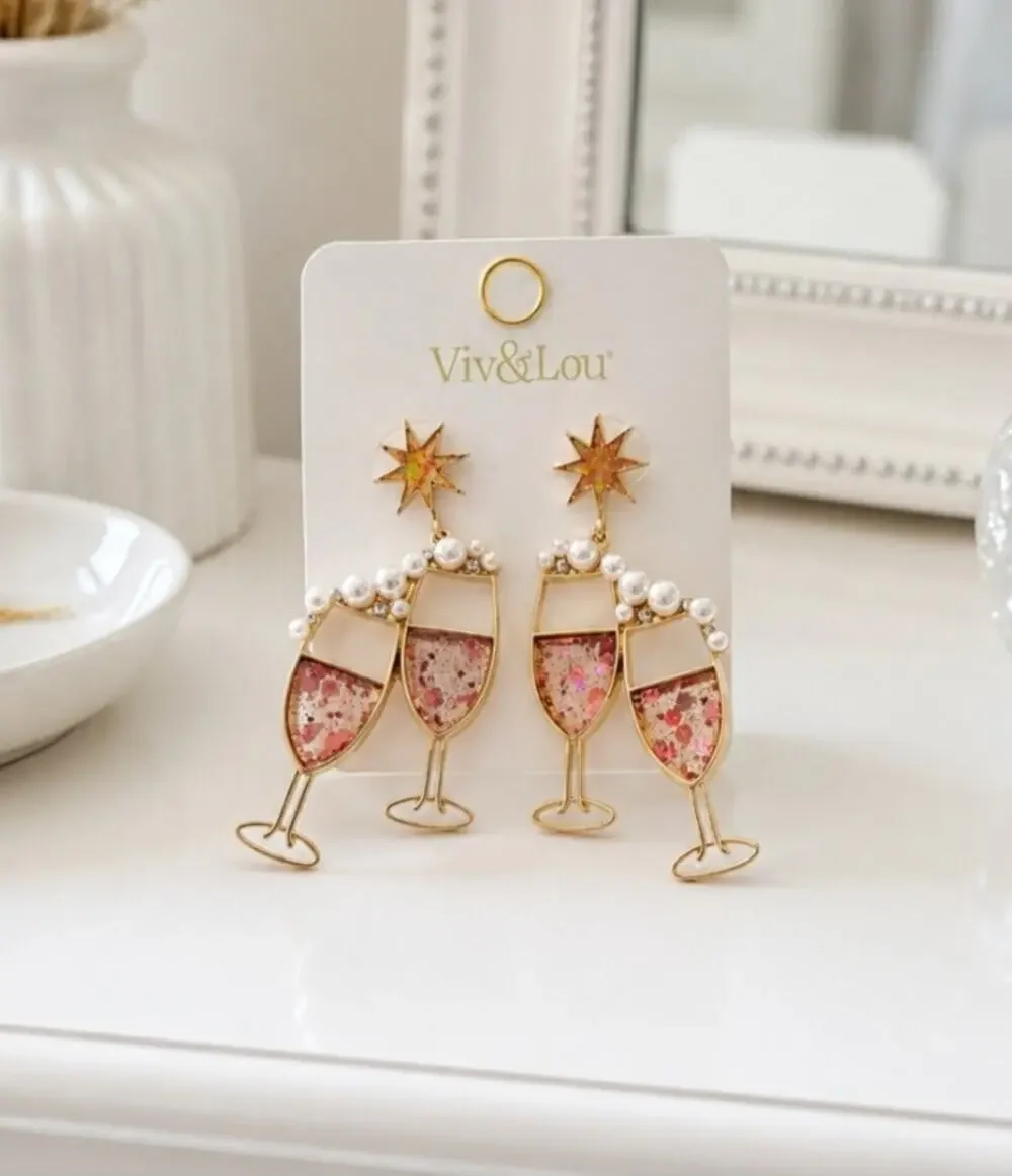 Viv & Lou Gold Champagne Glasses Pearl Earrings New